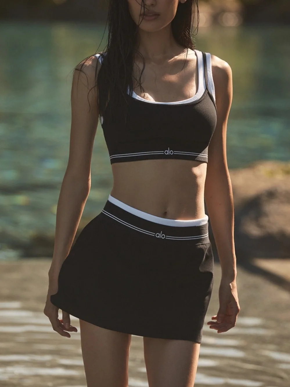 Alo Yoga Better Together Sports Bra & Skirt Set in Black & White Size Medium